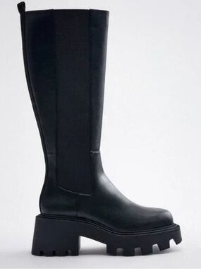 Zara Black Chunky Lug Sole Knee-High Boots
